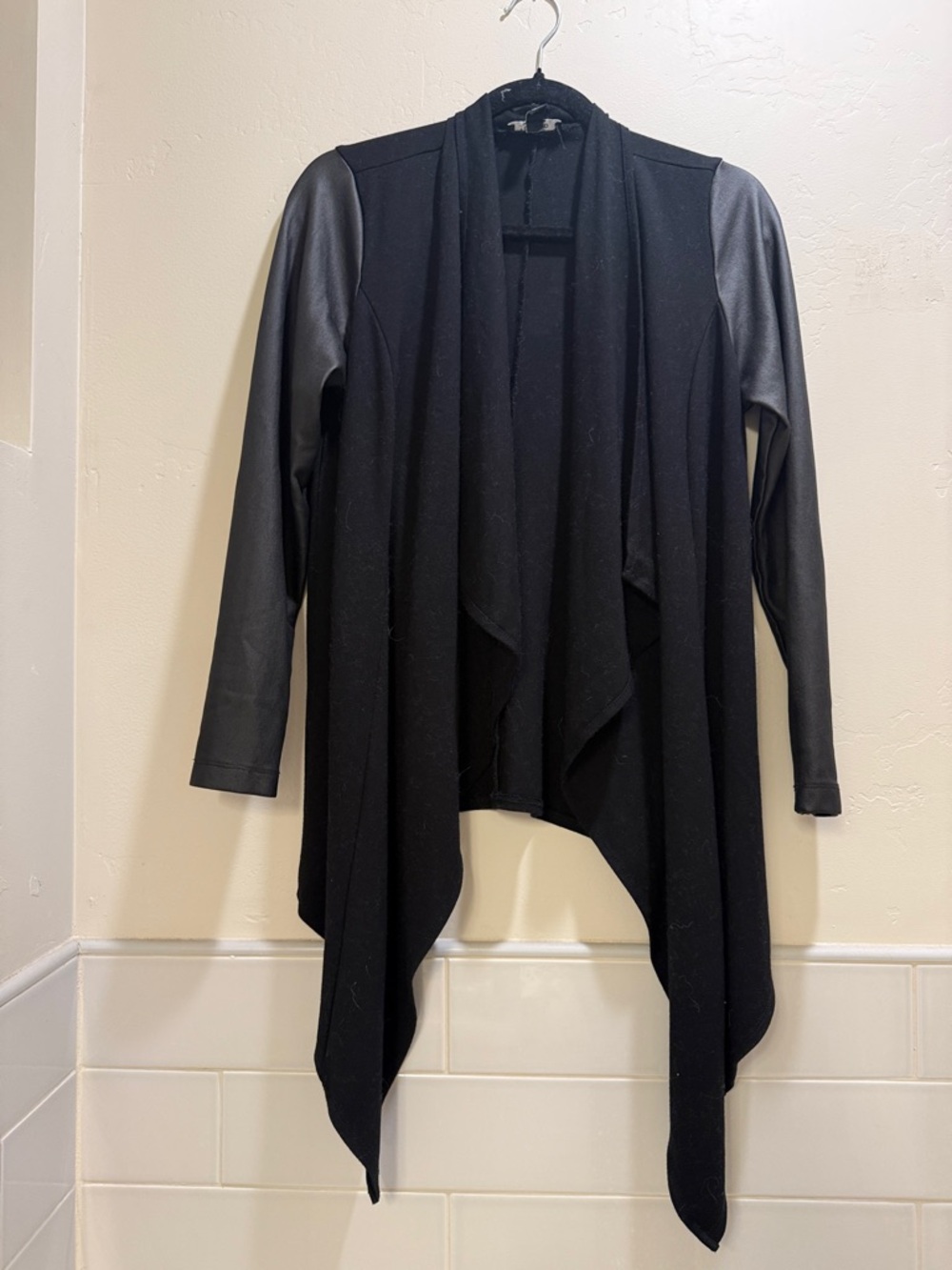 Torrid Black Draped Open-Front Cardigan with Faux Leather Sleeves